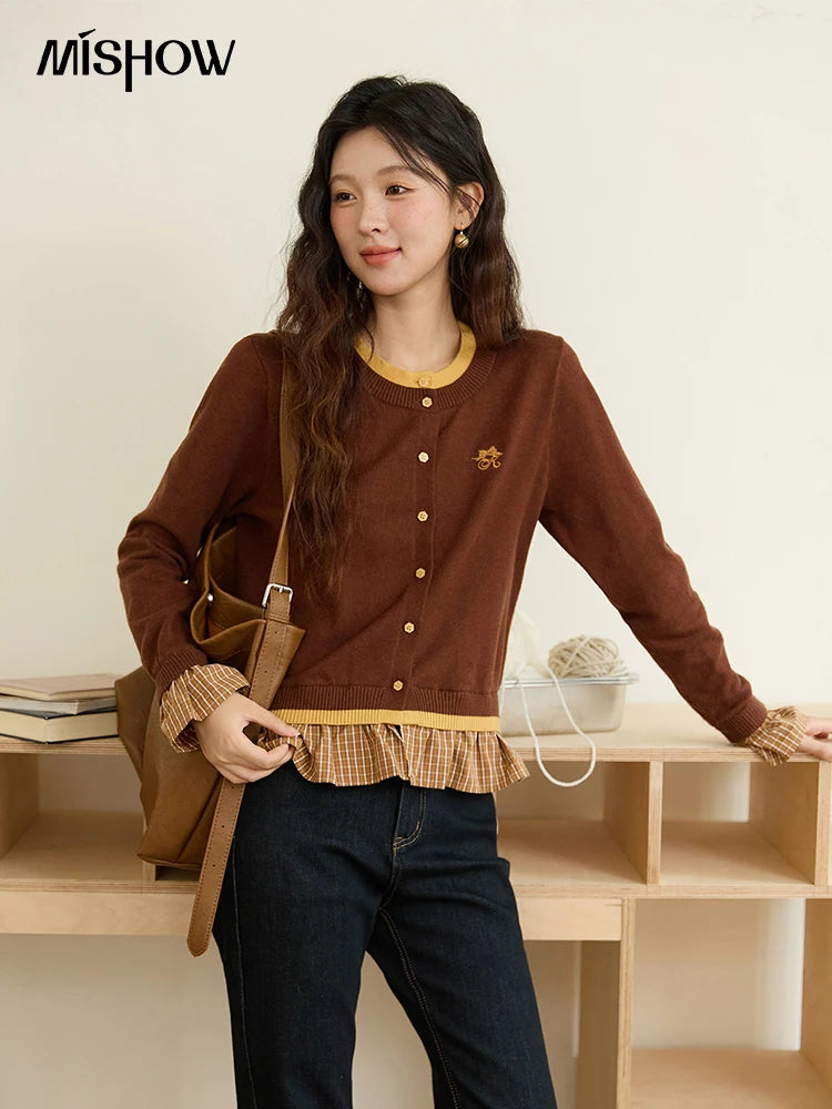 Mishow Fake Two Bow Embroidered Plaid Splicing Sweater MXE46Z2495