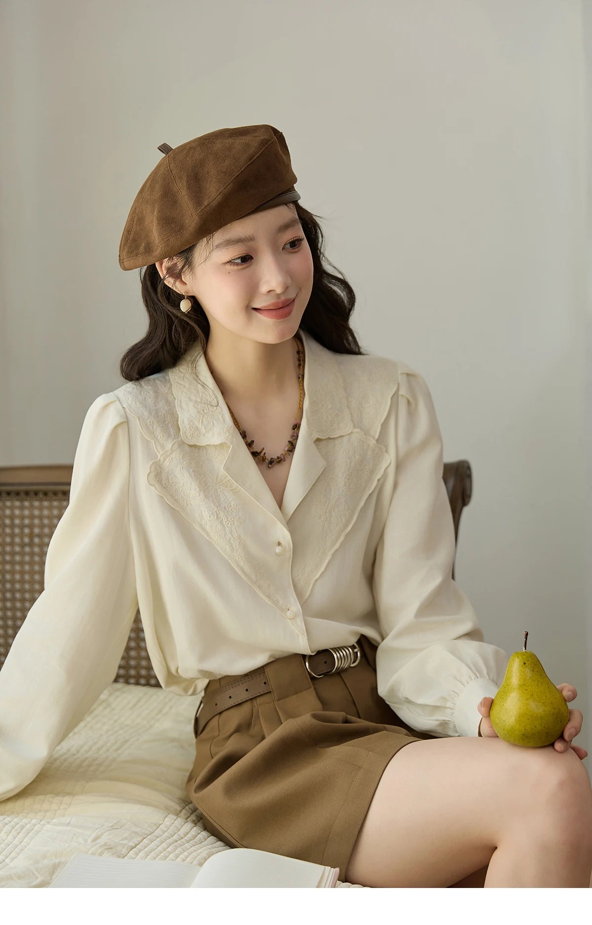 MISHOW Apricot Retro Lace V-Neck Blouse MXE45X2486