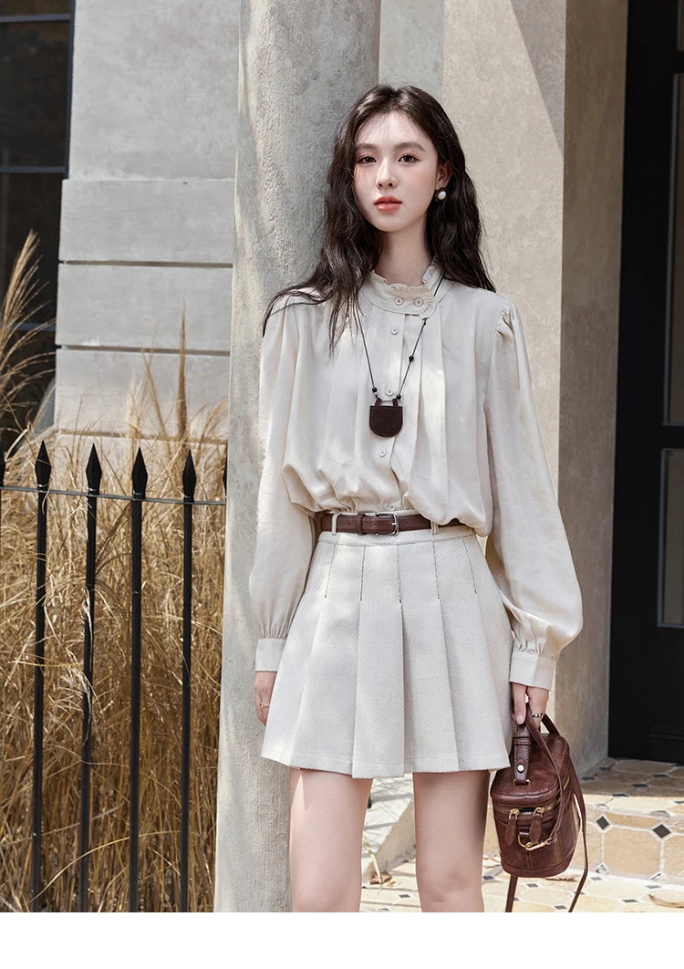 Mishow French Apricot Stand Collar Shirt & Pleated Mini Skirt Set MXD48C0365