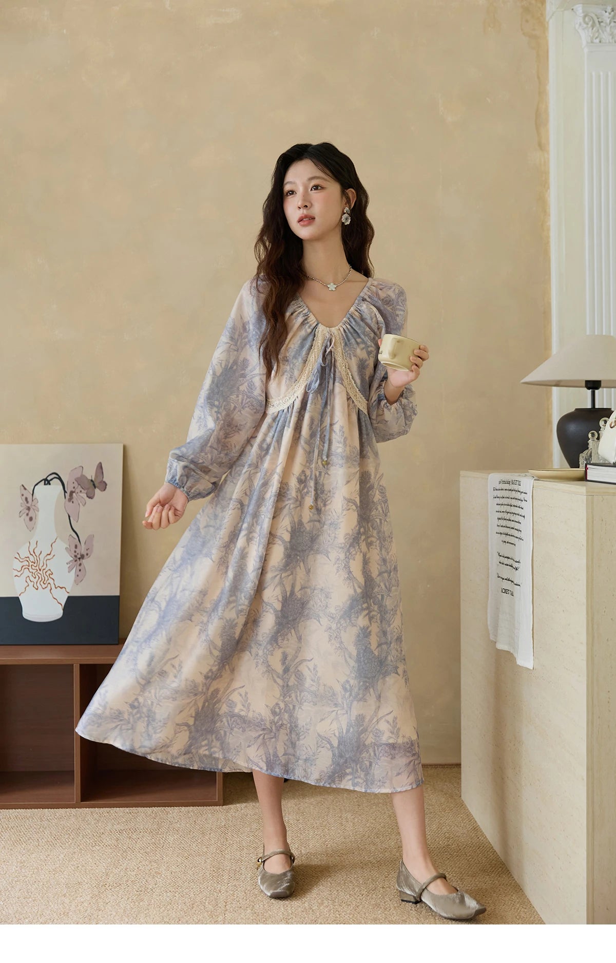 Mishow Blue Floral Lace Panel Drawstring Dress MXE45L2507