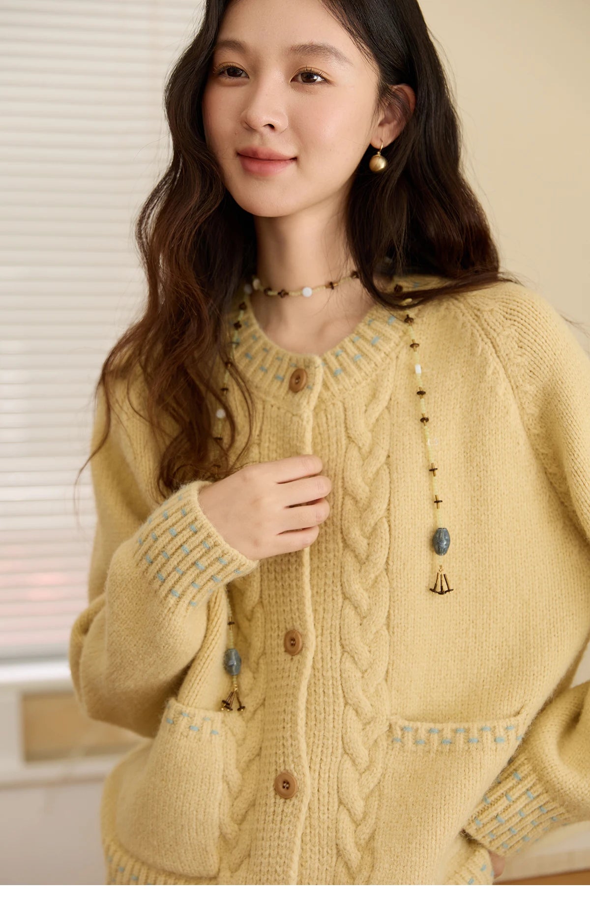 Mishow Yellow Cable Knit Hand-Drawstring Cardigan MXE47Z2566
