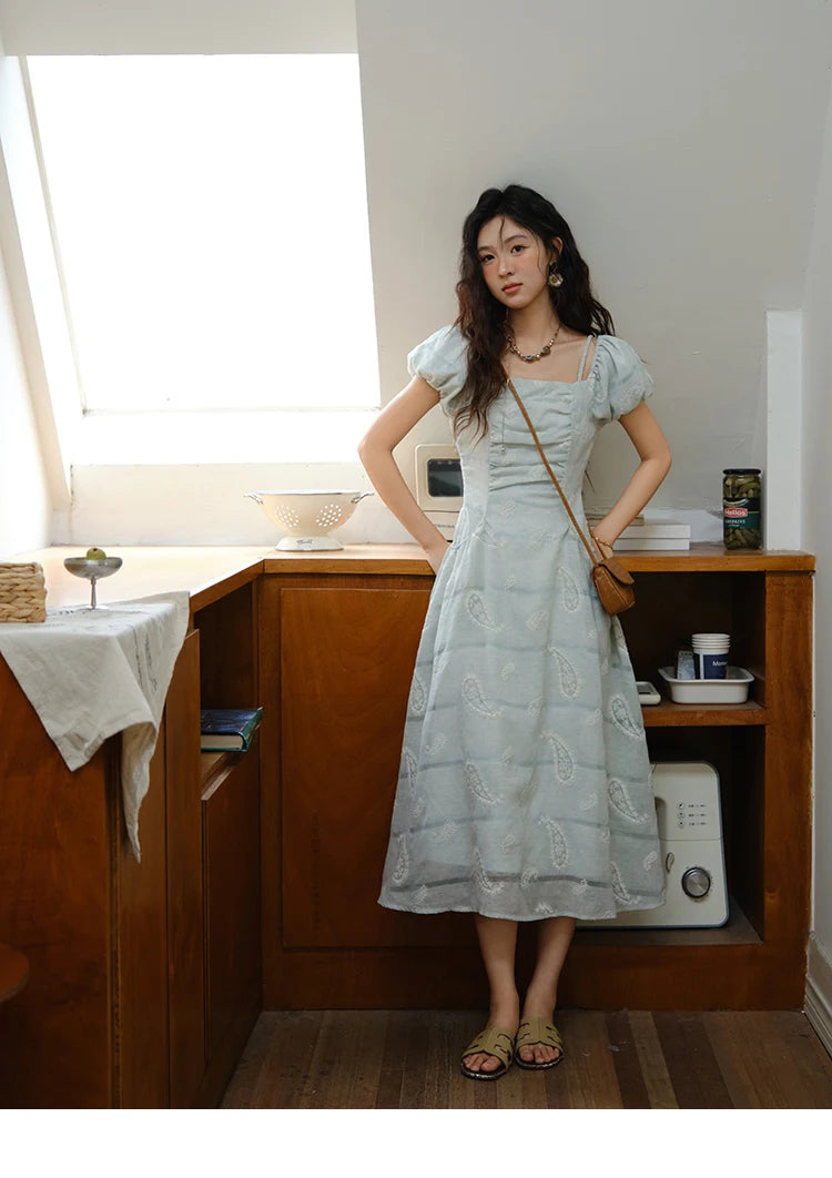 Mishow Paisley Embroidery Square Neck Puff Sleeve Dress MXE34L2265