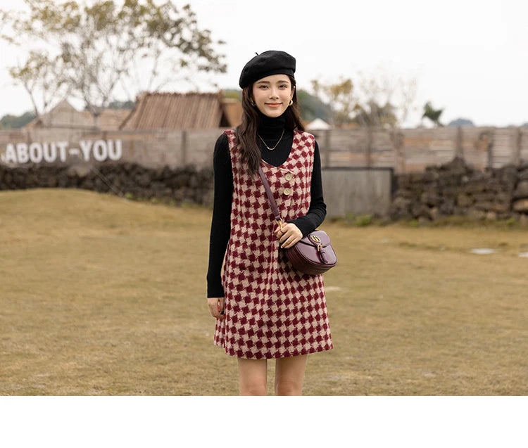 Mishow Plaid V-Neck Sleeveless Woolen Vest Dress MXB47L1332