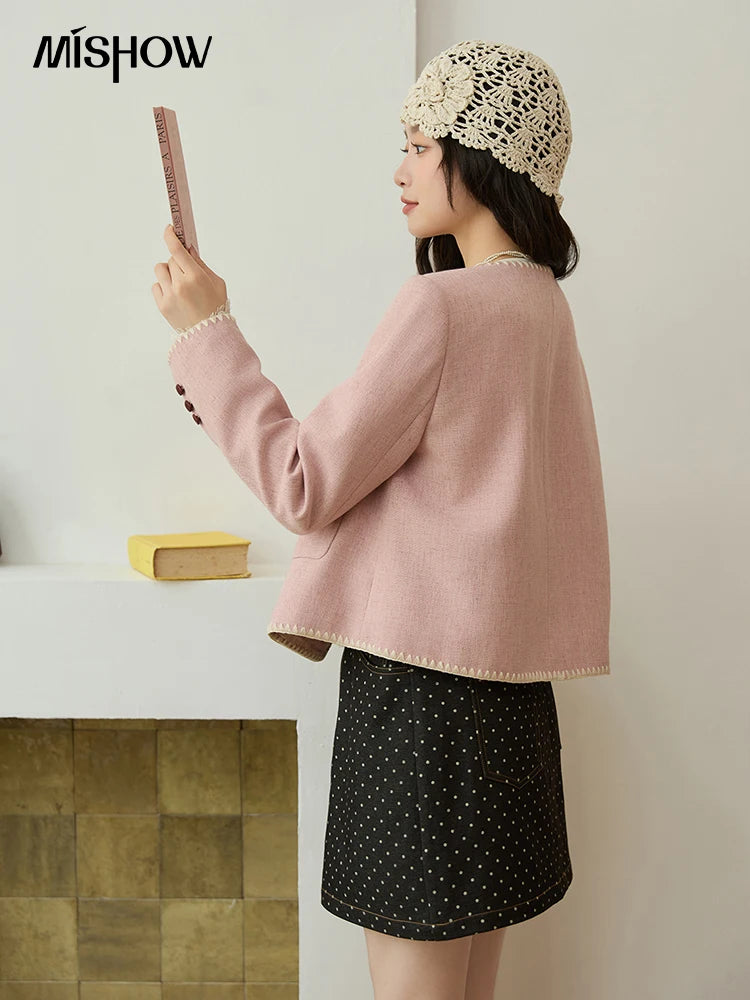 MISHOW Solid Tweed Jacket Round Neck Long Sleeved Short MXE44W0812