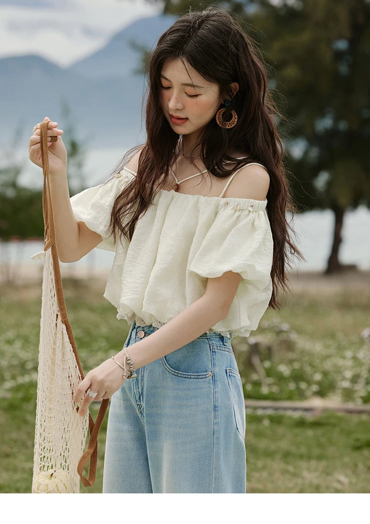 MISHOW French Camisole Shirt Off-Shoulder Lace Puff Sleeve MXE33X1755
