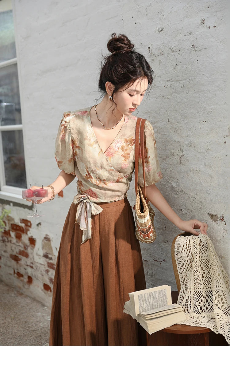 MISHOW French V-Neck Floral Puff Sleeve Blouse MXD28X1619