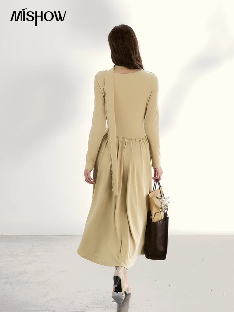 Mishow Khaki Swinging Collar Scarf Waist Dress MXF11L2552