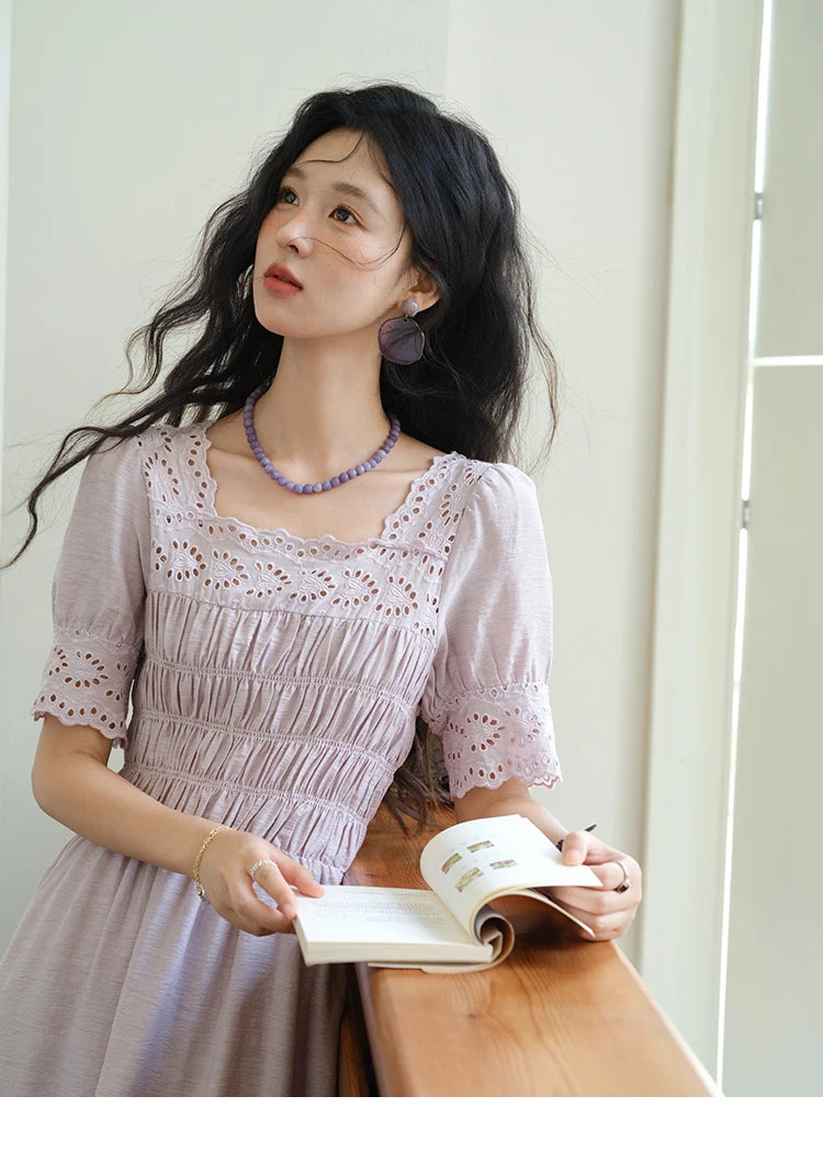 Mishow Purple Square Neck Puff Sleeve Lace Dress MXE39L2406