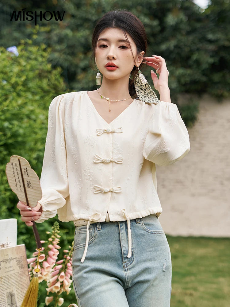 MISHOW Chinese Button Up Shirt Jacquard Drawstring Puff Sleeve MXD14X1386