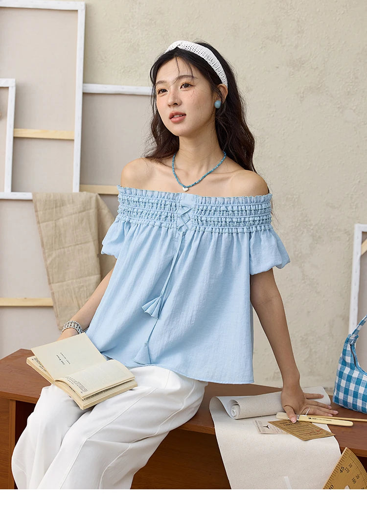 MISHOW Mist Blue One Shoulder Blouse Elastic Pleated Puff Sleeve MXE34X1796