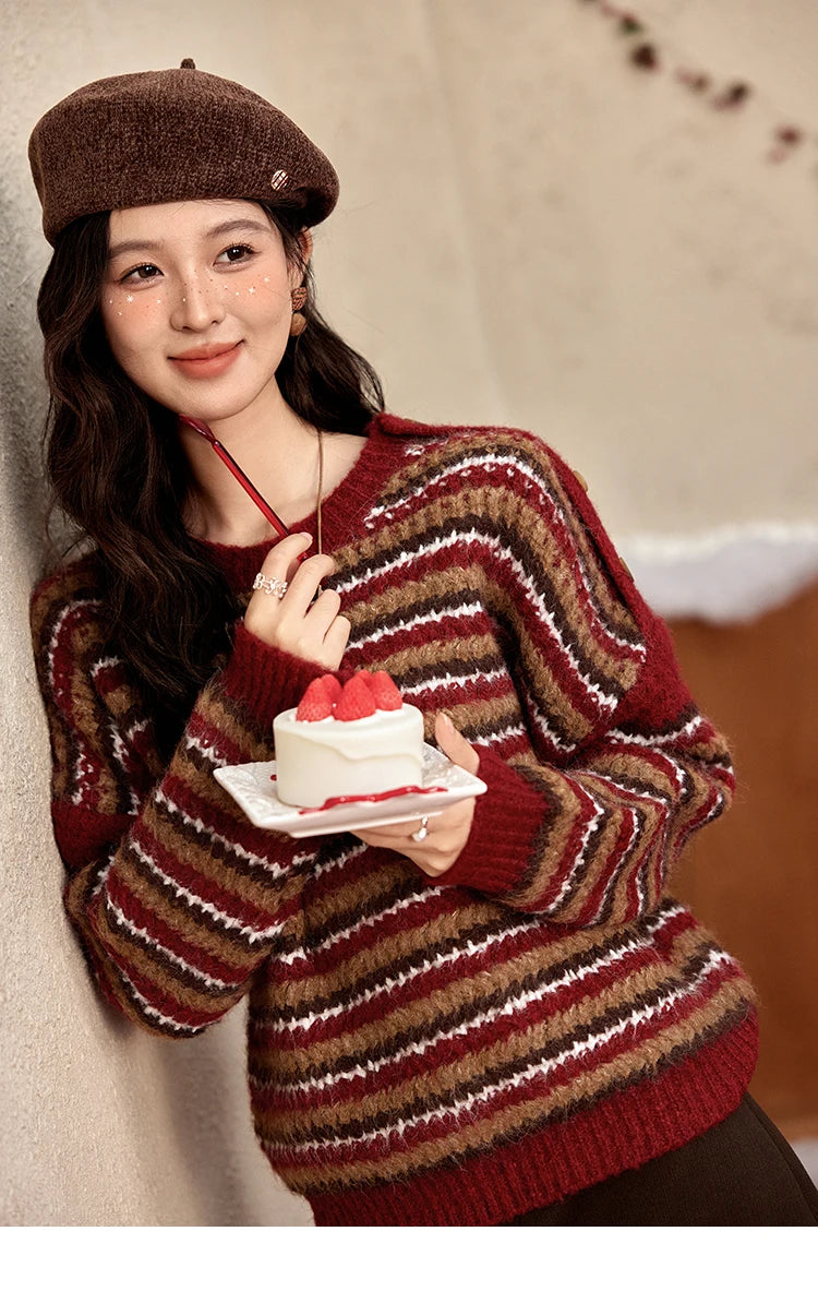 Mishow Christmas Retro Striped Wool Blend Button Sweater MXD59Z1060