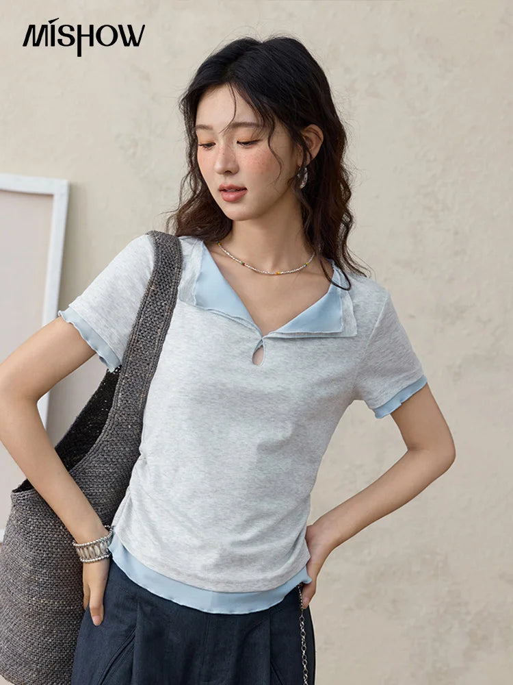 Mishow Grey Blue Fake Two-Piece Wavy Edge Tee MXE35T0567