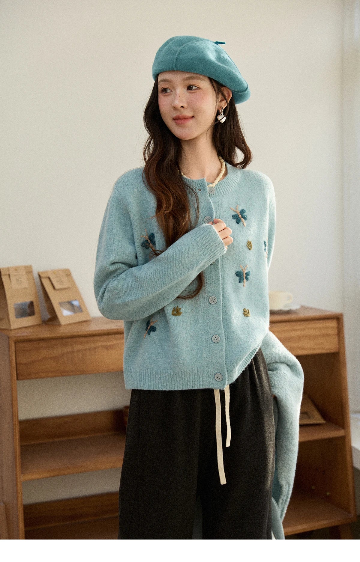 Mishow Blue Butterfly Embroidered O-Neck Cardigan MXE90Z2818