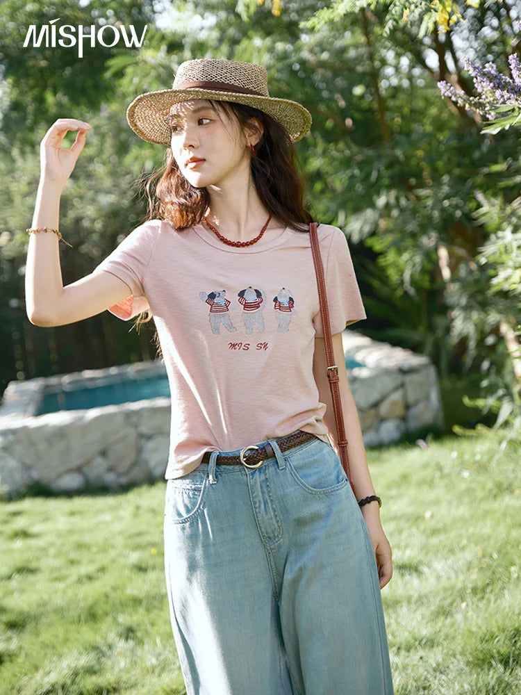 Mishow Little Bear Embroidery Round Neck Tee MXE39T0699