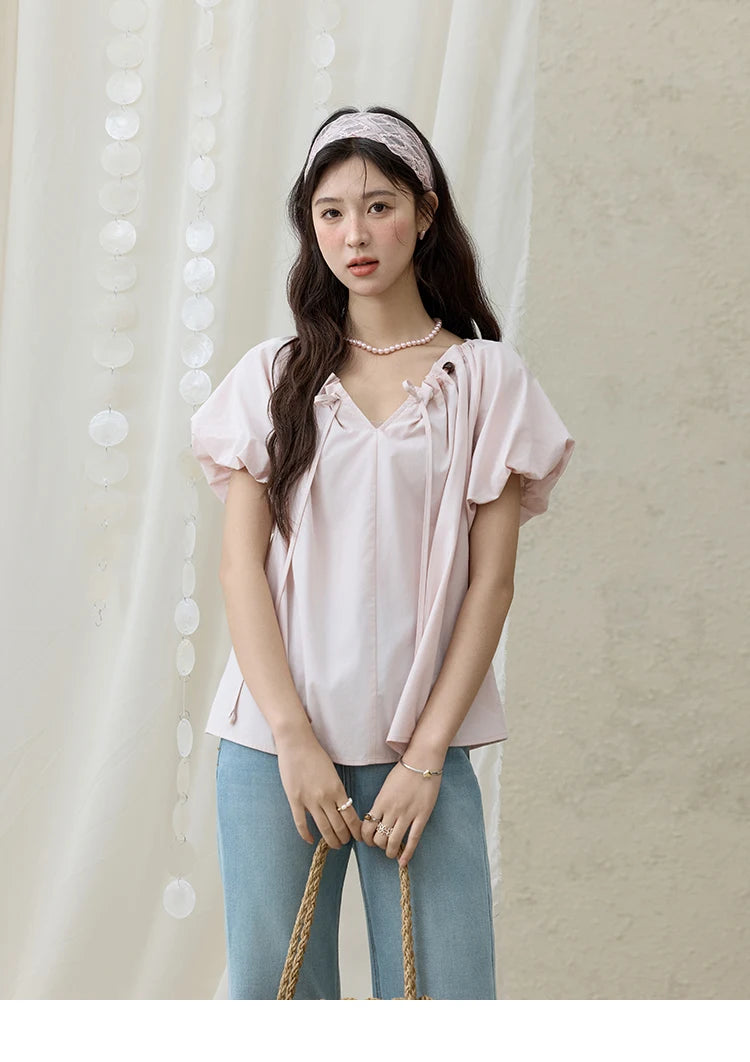 MISHOW V-Neck Puff Sleeve Blouse Beaded Retro Top MXE33X1757