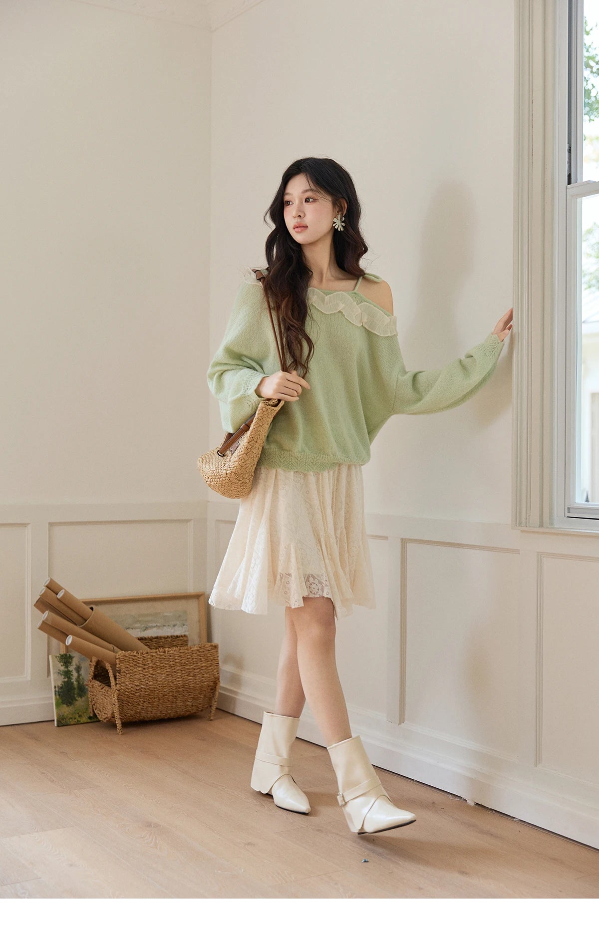 Mishow Beige Apricot Lace Tassel Midi Skirt MXF108B0768