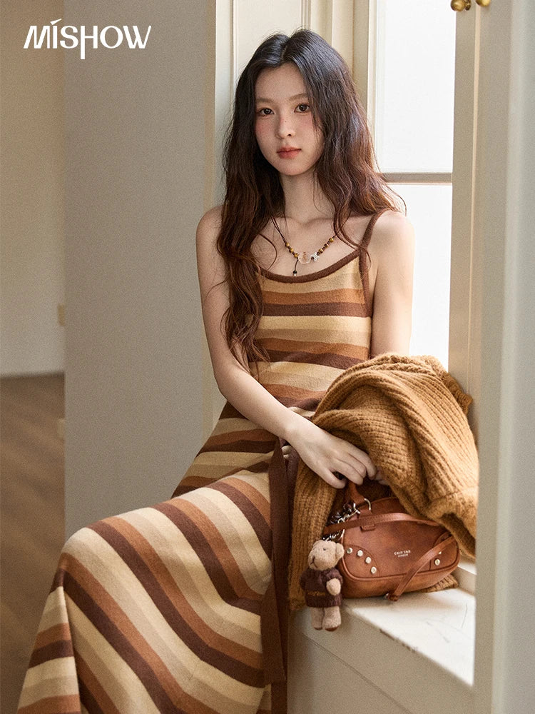 Mishow Retro Striped Suspender Knit Dress MXE86L2532