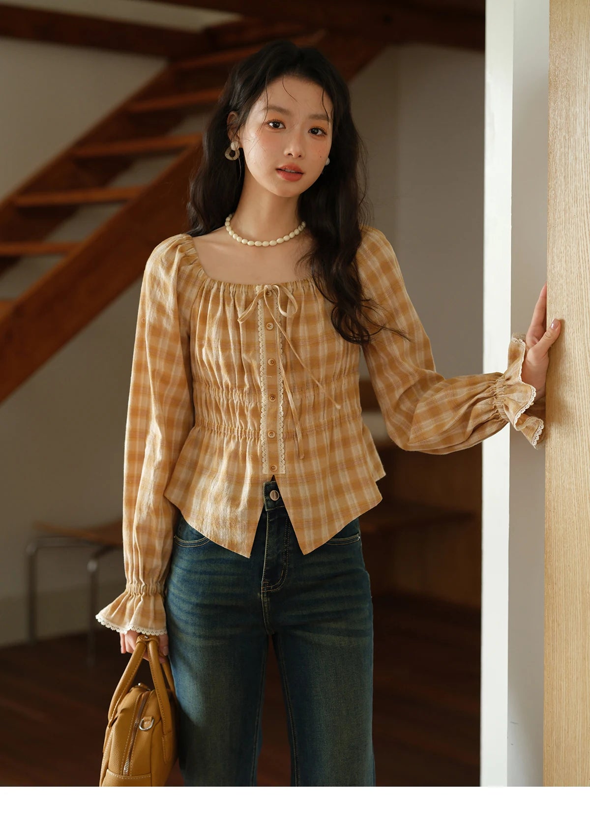 MISHOW Yellow Plaid Blouse Square Neck Puff Sleeve MXE43X1986