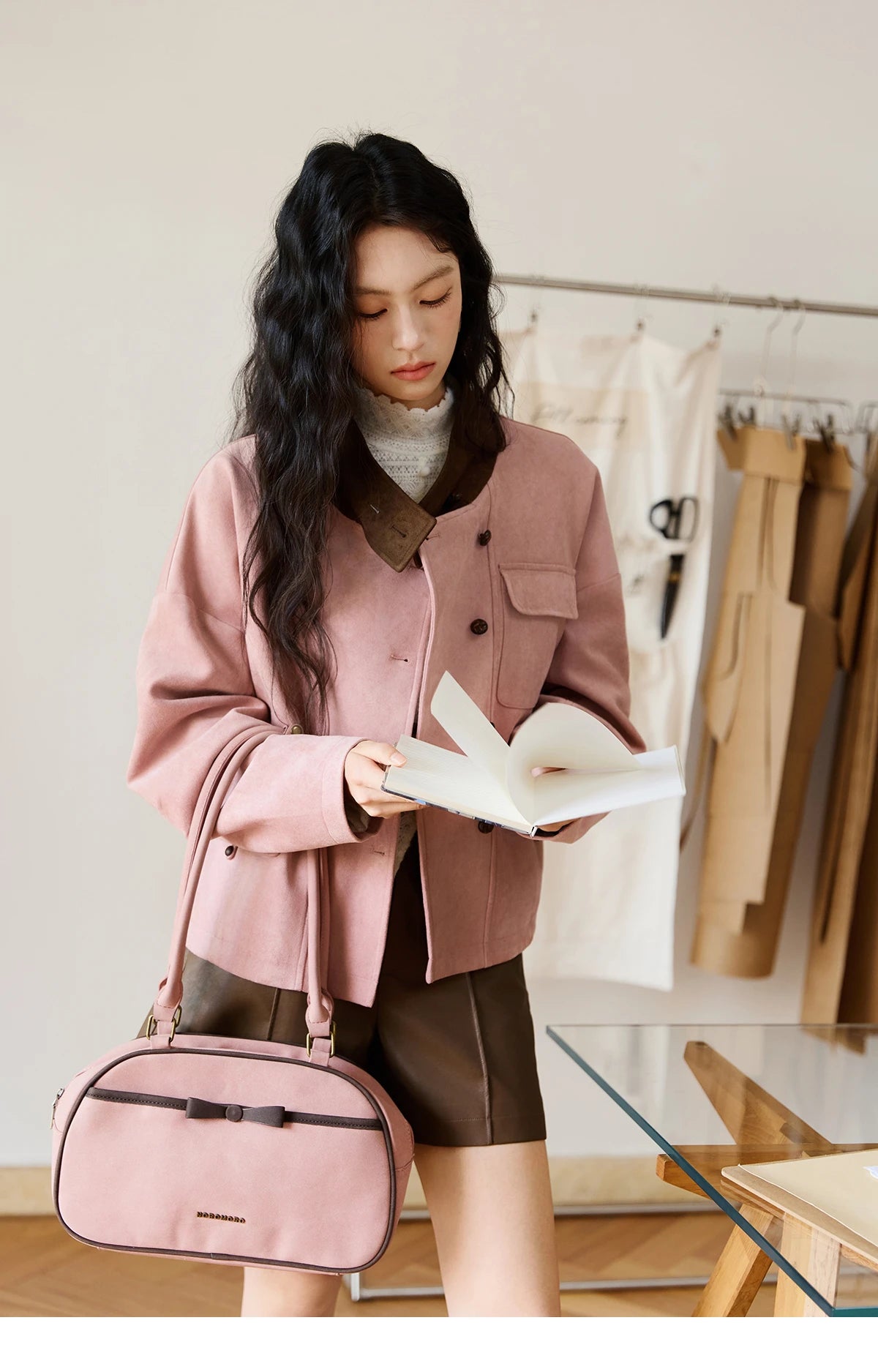 MISHOW Pink Coffee Suede Jacket Stand Collar Contrast Color MXE48W0851