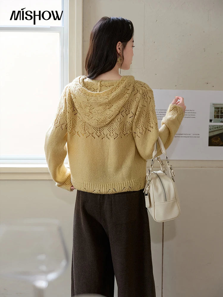 Mishow Yellow Hooded Zipper Hollow Cardigan MXE46Z2584