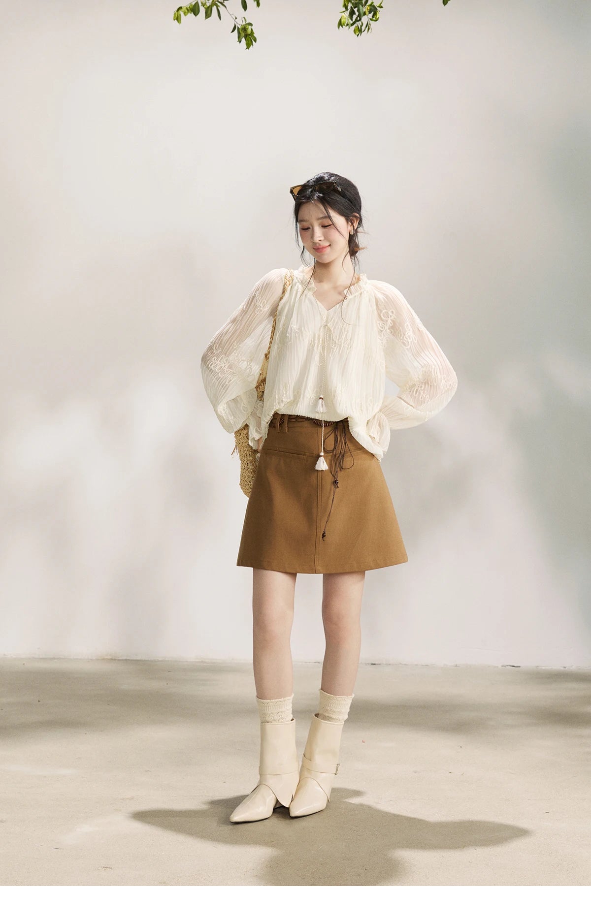 MISHOW Tassel Tie Flower Embroidered Blouse V-Neck Lantern Sleeve MXF13X2525
