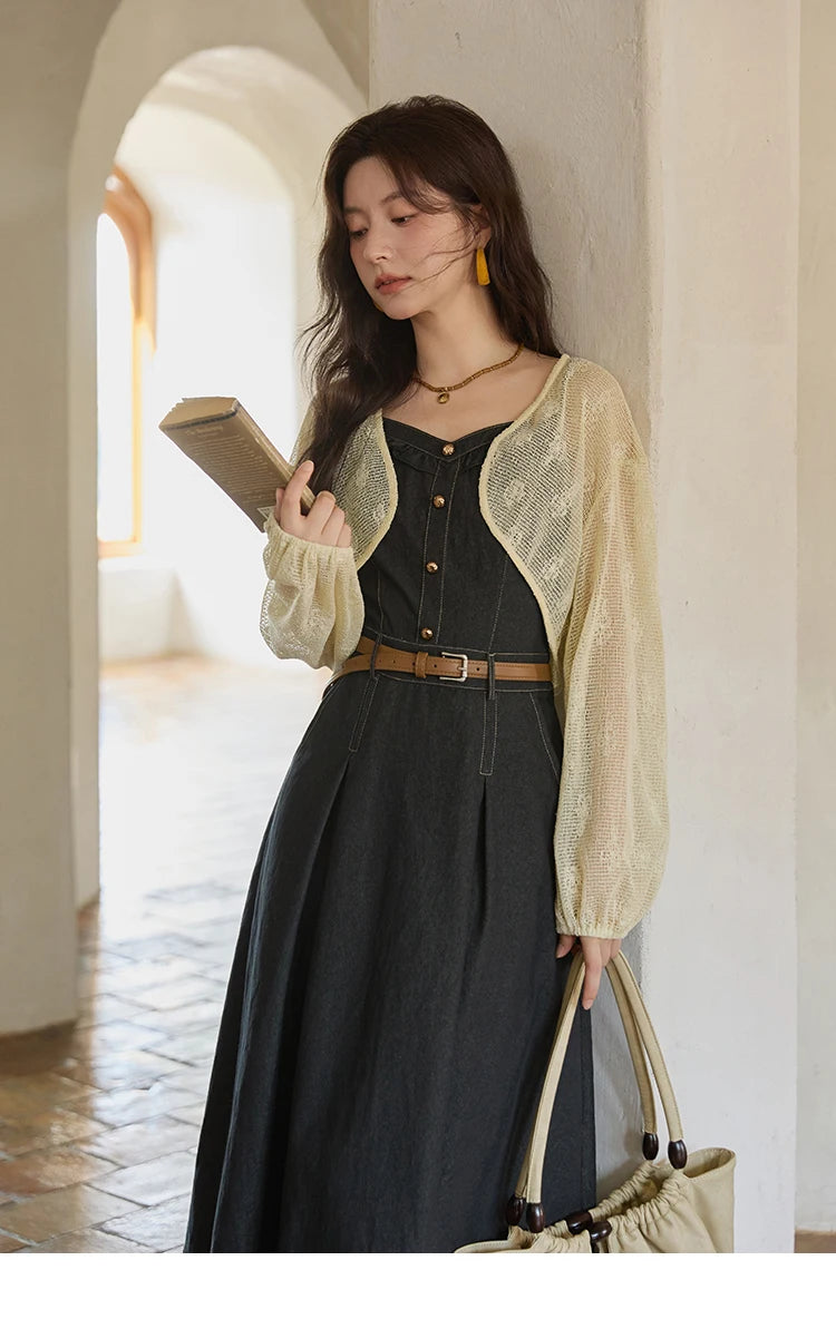 Mishow Lantern Sleeve Cardigan & Denim Strap Dress Set MXE41T0704