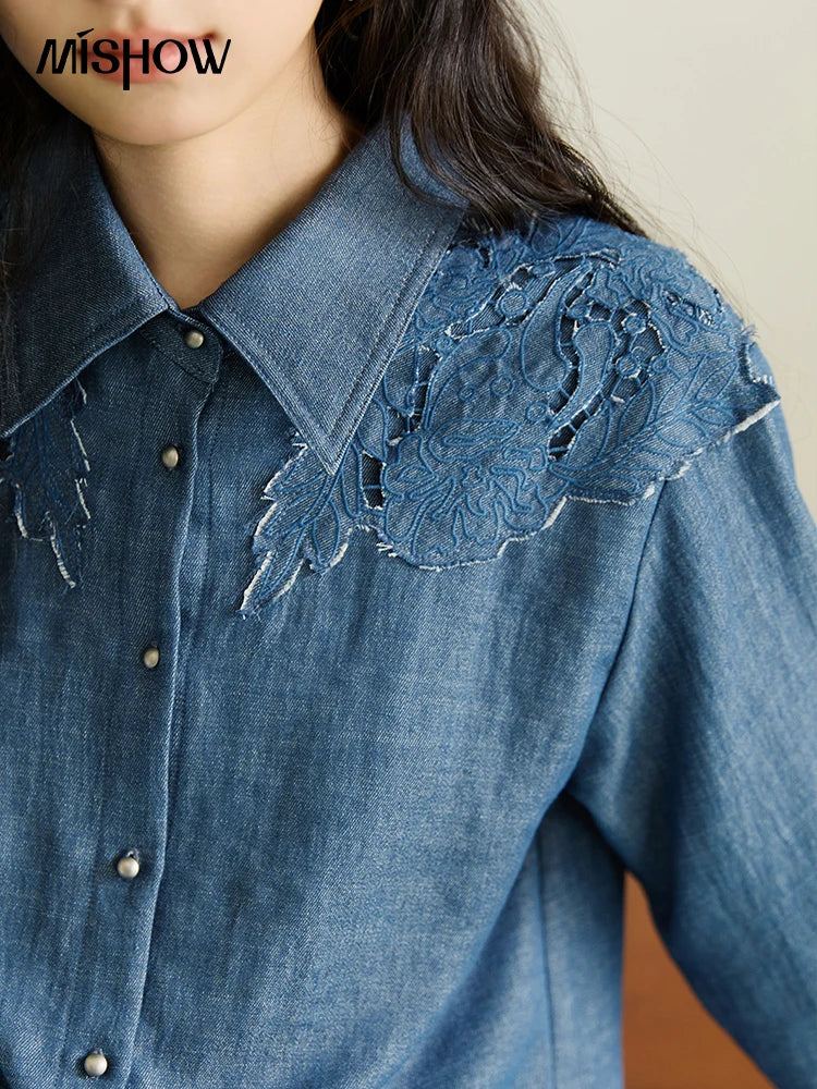 MISHOW Blue Shirt Hollowed Out Patchwork Embroidery Imitation Denim MXE46C2410