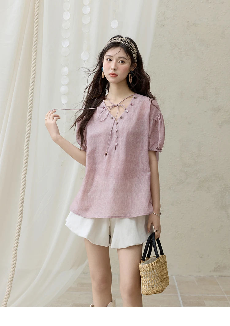 MISHOW Solid V-Neck Blouse Short Puff Sleeve Lace-Up MXE33X1743