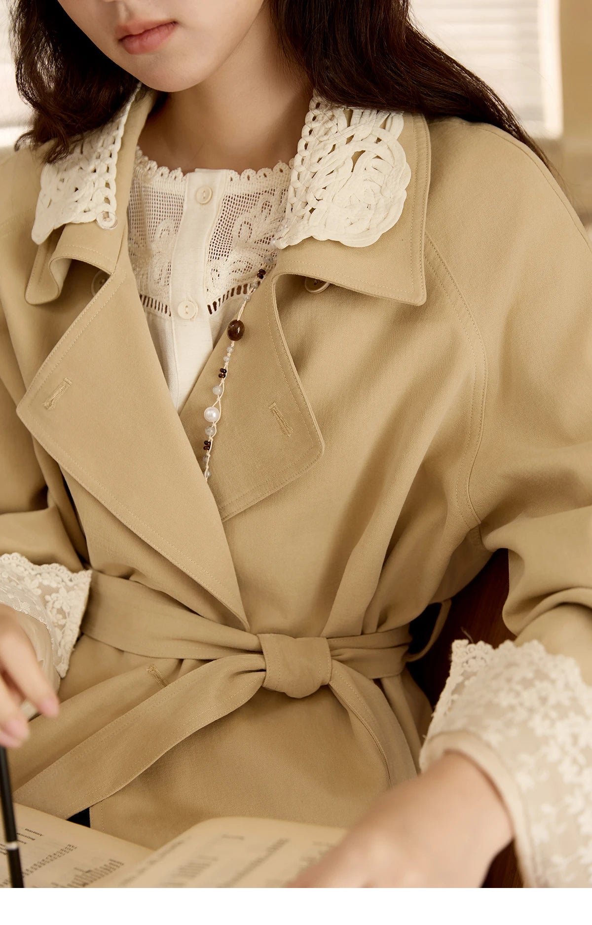 Mishow Light Khaki Lace Long Trench Coat MXE45W0830