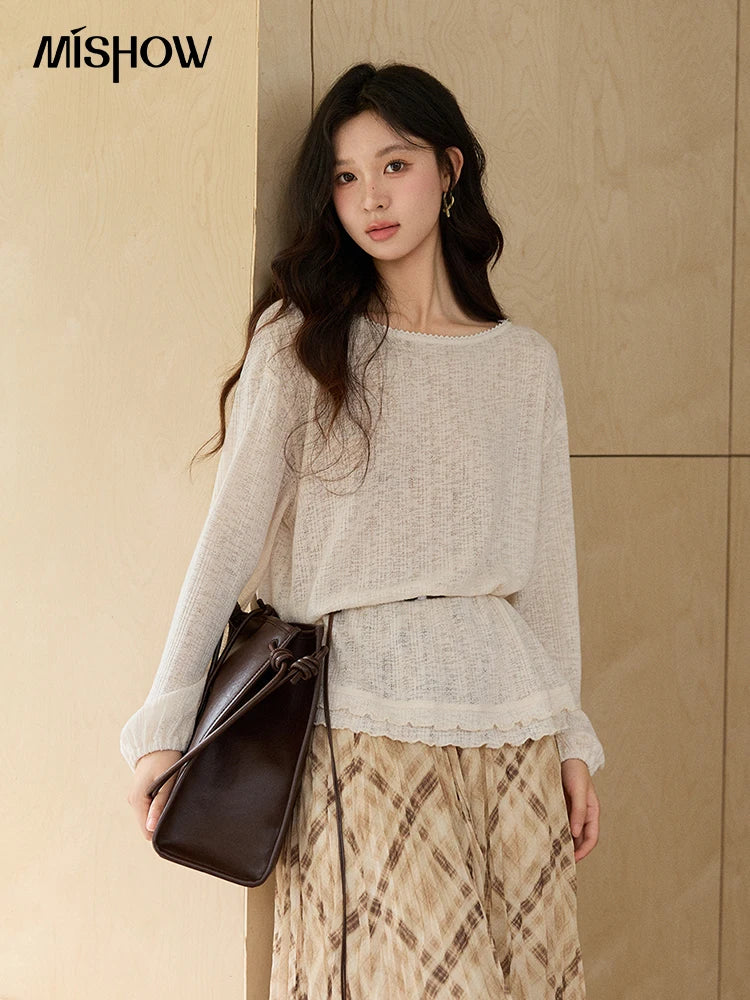 Mishow Lace Trim Boat Neck Knit Top with Belt MXF13Z3002