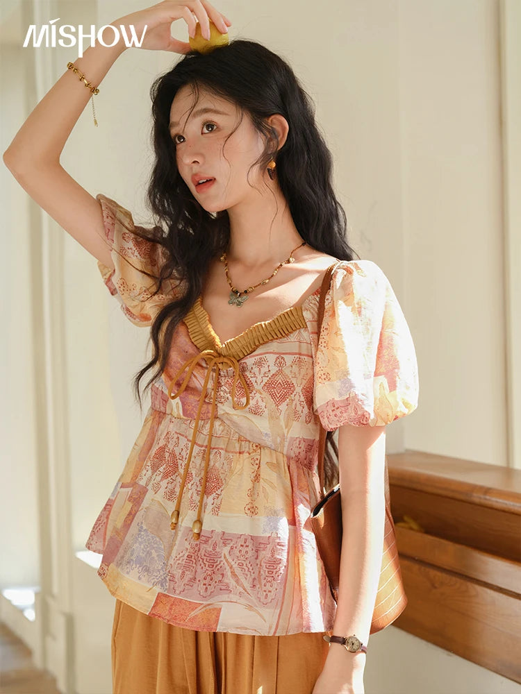 MISHOW V-Neck Lace Up Patchwork Blouse Puff Sleeve Floral Print MXE38X1911