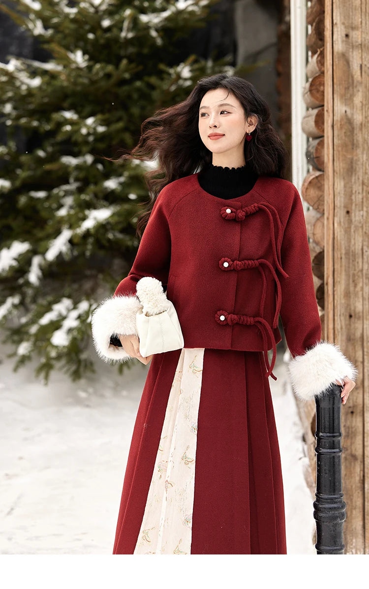 Mishow Tweed Jacket with Removable Fur Collar & Pleated Skirt Set MXD59W0609