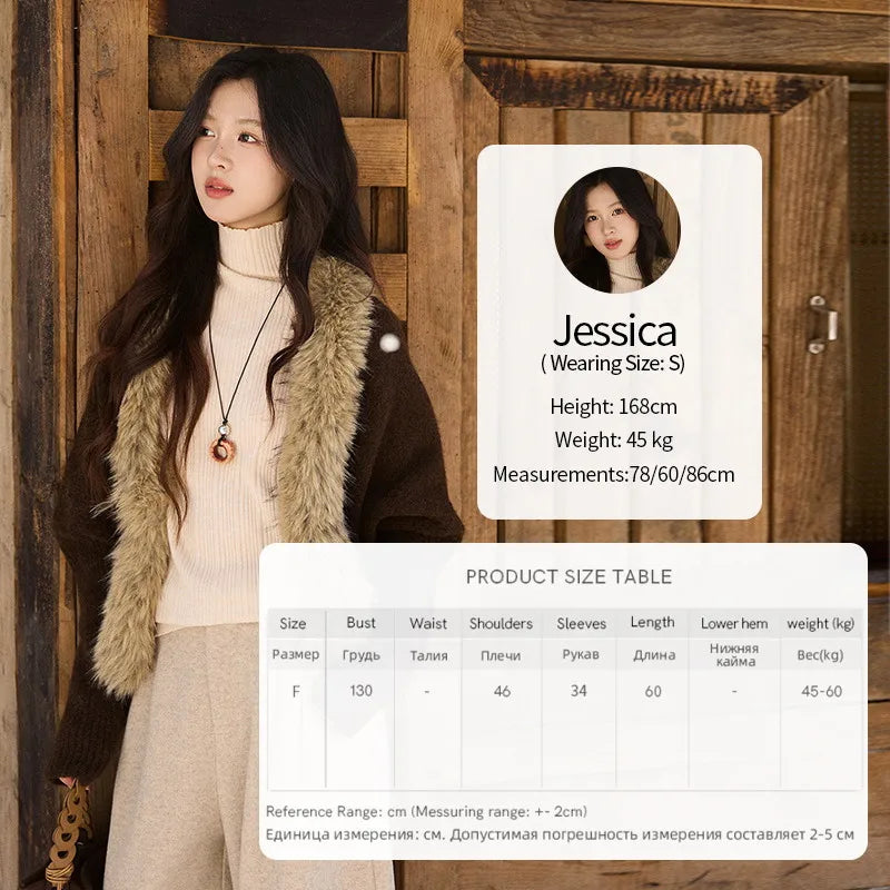 MISHOW Brown Knitted Cardigan Faux Fur Collar Batwing Sleeve MXE94Z2954