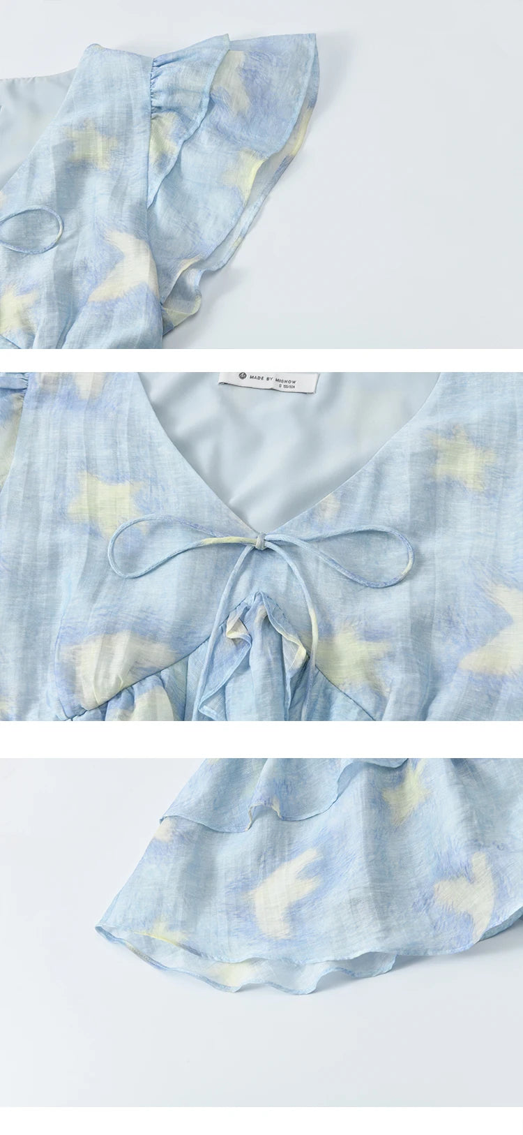 MISHOW Women's Blue Double-Layer Ruffled Linen V-Neck Blouse MXE33X1819