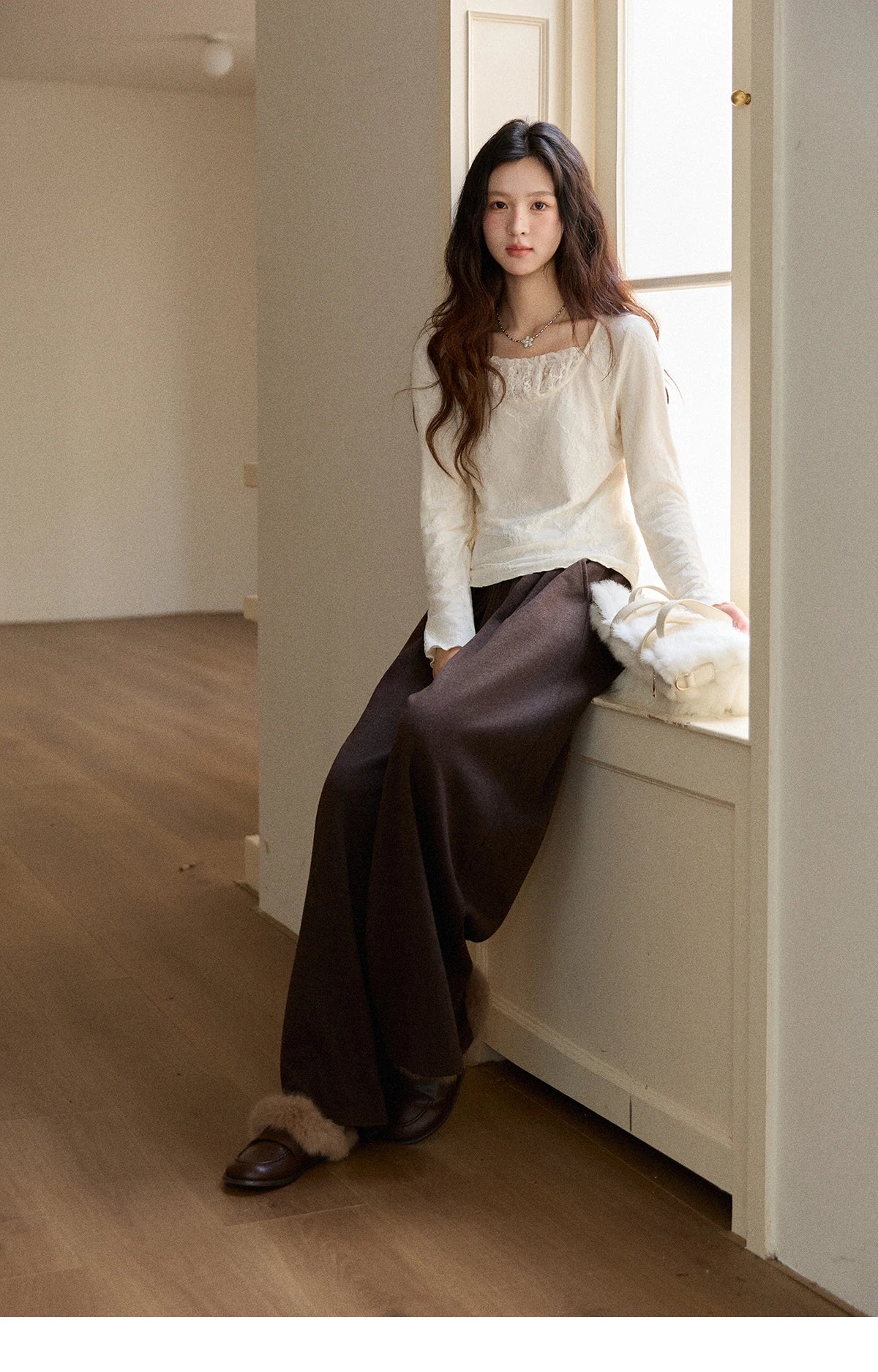 Mishow Beige Lace Patchwork Square Neck Top MXE91X2514