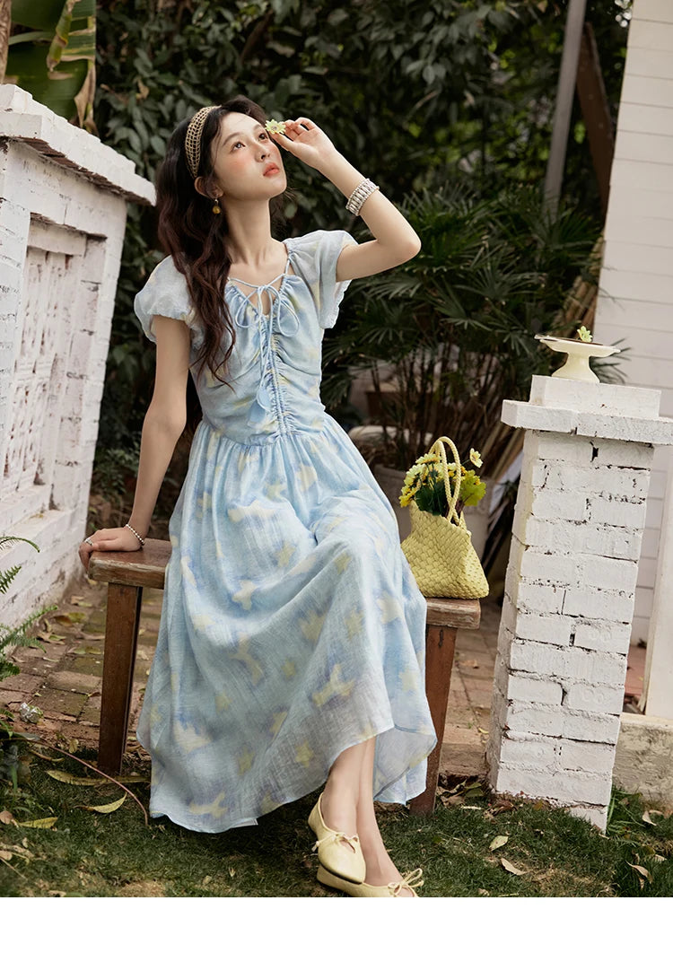 MISHOW V-Neck Lace-Up Puff Sleeve Midi Dress MXE34L2227