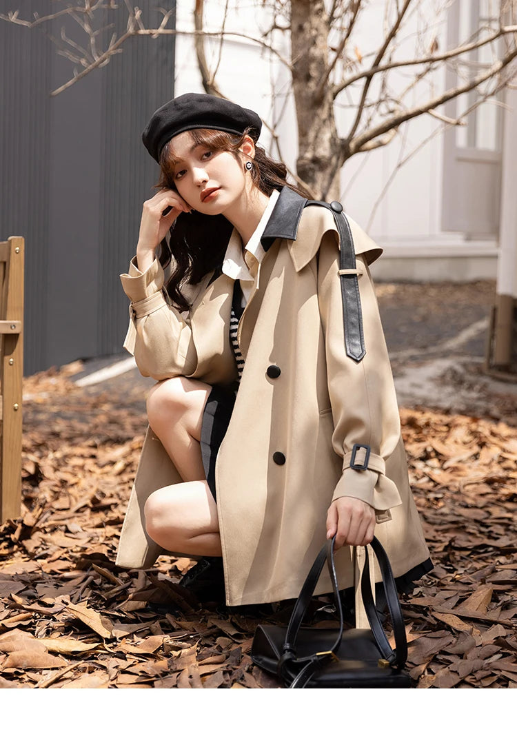 Mishow Polo Collar Patchwork Long Trench Coat MXB33W0399