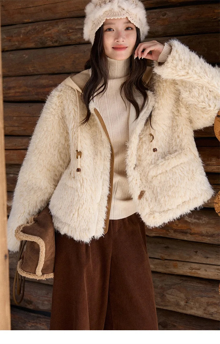 MISHOW Beige Knitted Hooded Plush Coat Warm Windproof MXE86W0908