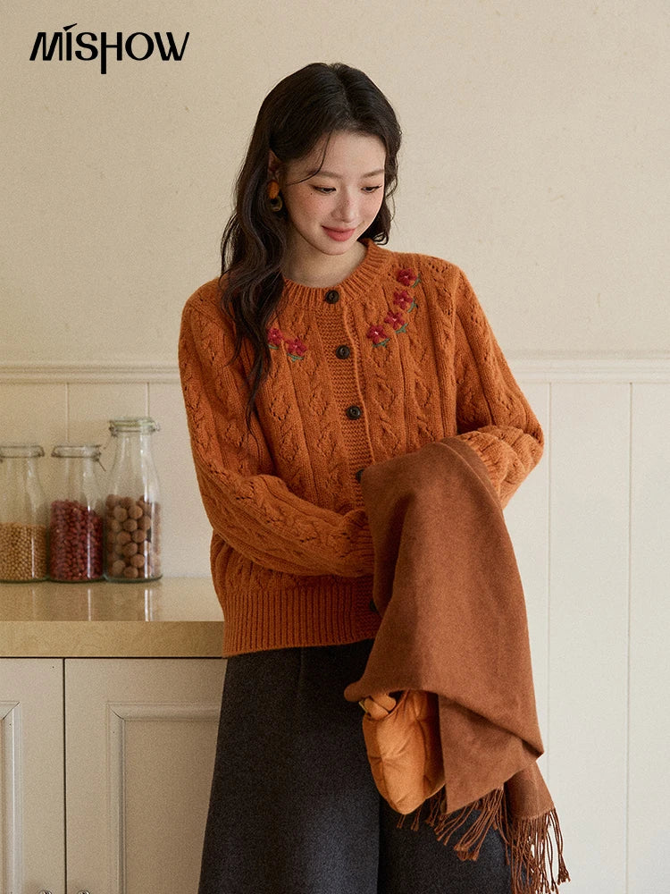 Mishow Orange Cable Knit Floral Embroidery Cardigan MXE86Z2737