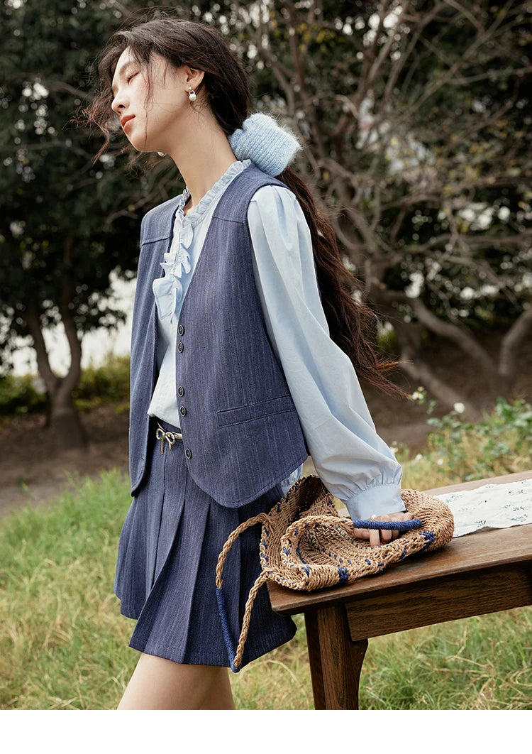 Mishow V-Neck Vest Coat & Pleated A-Line Skirt Set MXE31T0505