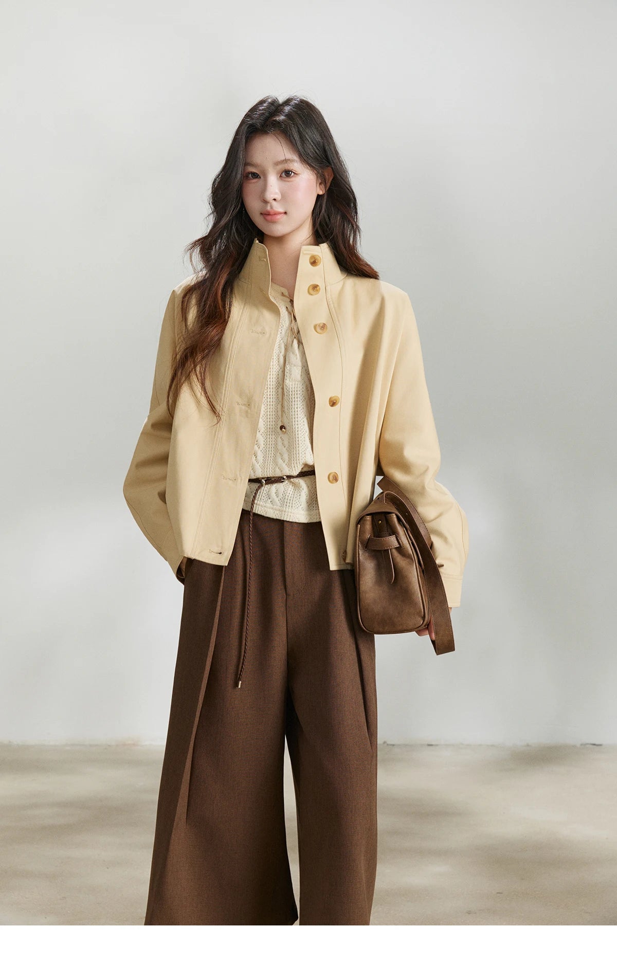 MISHOW Khaki Cropped Trench Coat Lapel Stand Collar MXF108W1003