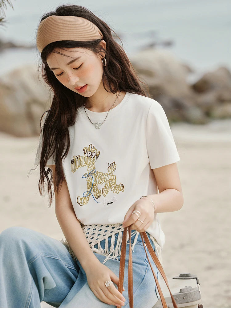 Mishow Cartoon Print Loose Embroidery Tee MXE31T0550
