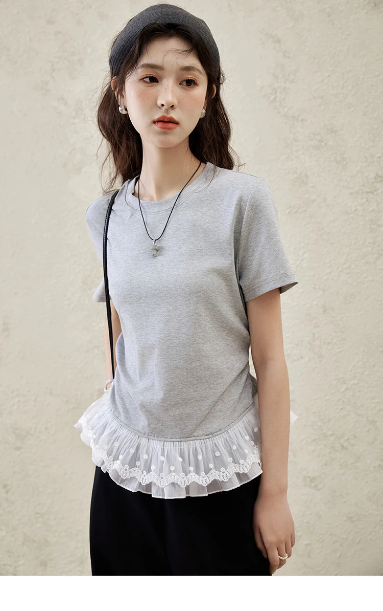 Mishow Lace Hem Splicing Round Neck Tee MXE31T0528
