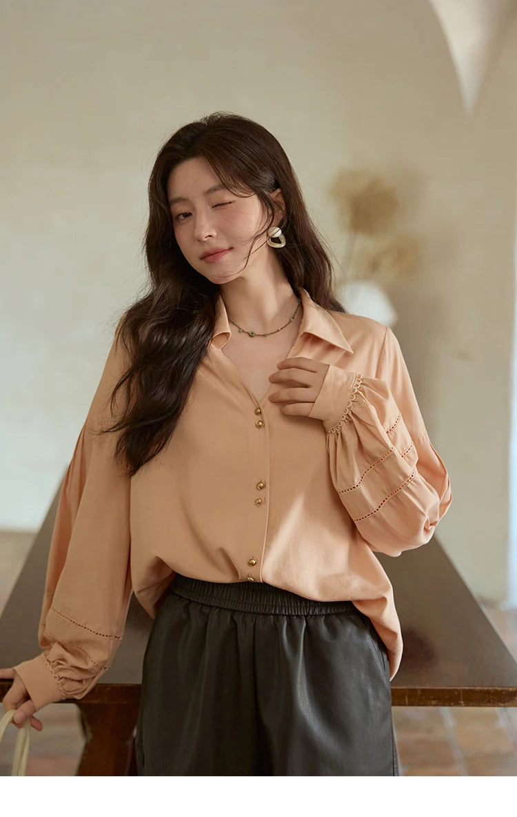 MISHOW Women's Lantern Sleeve Hollow Out Shirt Lapel Solid Top MXE41C2359