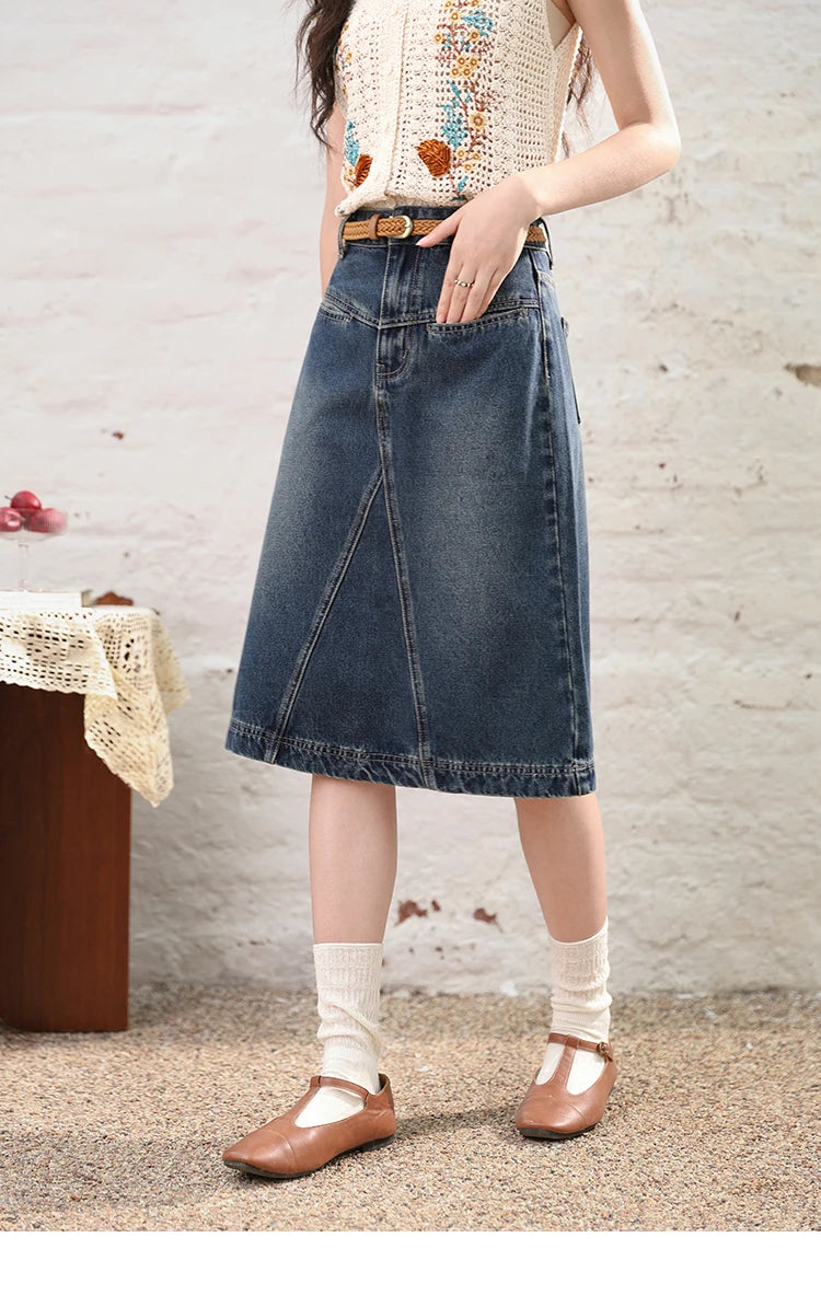 MISHOW Denim Fishtail Skirt Love Embroidered Pockets A-Line MXD28B0414