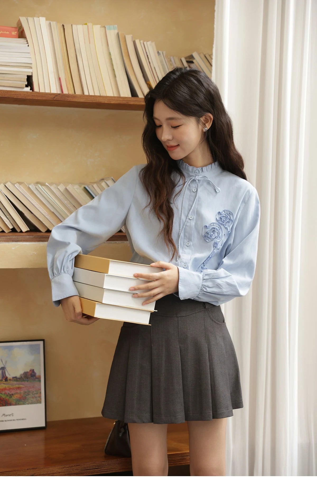 MISHOW Coiled Flowers Embroidered Blue Shirt MXE44C2398
