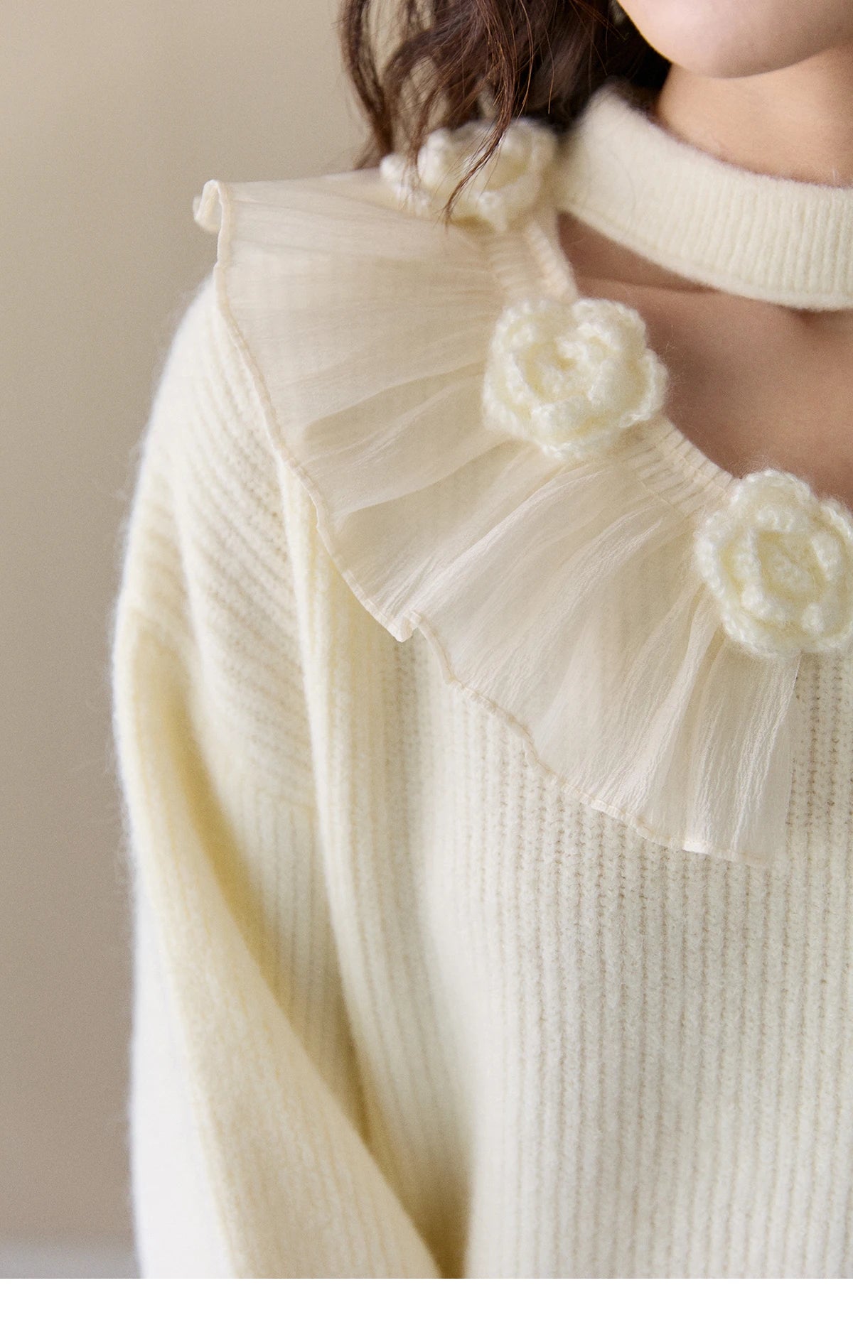 Mishow Cutout Neck Ruffle Flower Lantern Sleeve Pullover MXE94Z2982