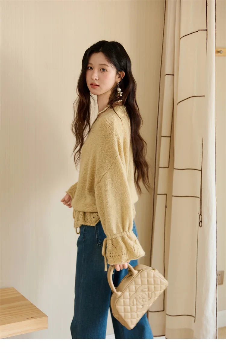 Mishow Hollow Knit V-Neck Flared Sleeve Cardigan MXE47Z2513