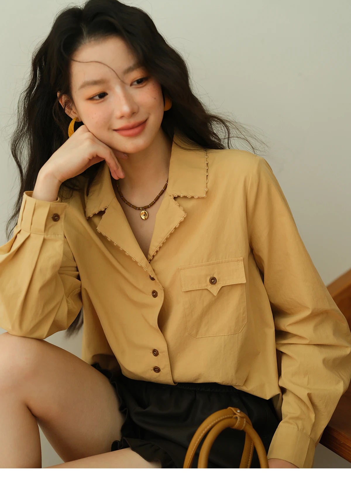 MISHOW Yellow Lapel Cotton Shirt Contrast Button Pocket MXE41C2356