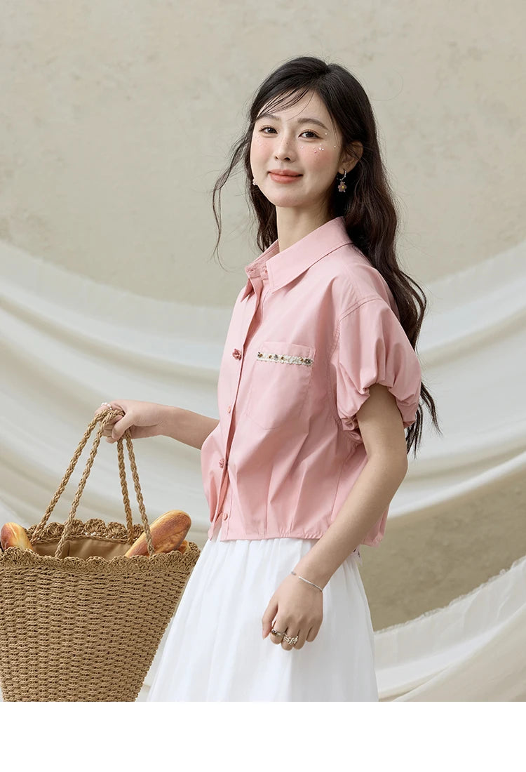 MISHOW Short Puff Sleeve Blouse Turn Down Collar Shell Ribbon MXE33C0773